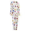 Women's soft pajama set in white with colorful food and cake patterns, long sleeve top and pants