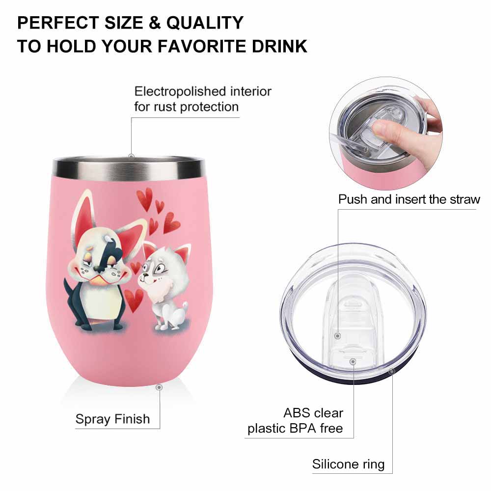 Pink stainless steel insulated cup featuring penguin and cat design, hearts, spill-proof lid, and dimensions.