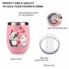 Pink stainless steel insulated cup featuring penguin and cat design, hearts, spill-proof lid, and dimensions.