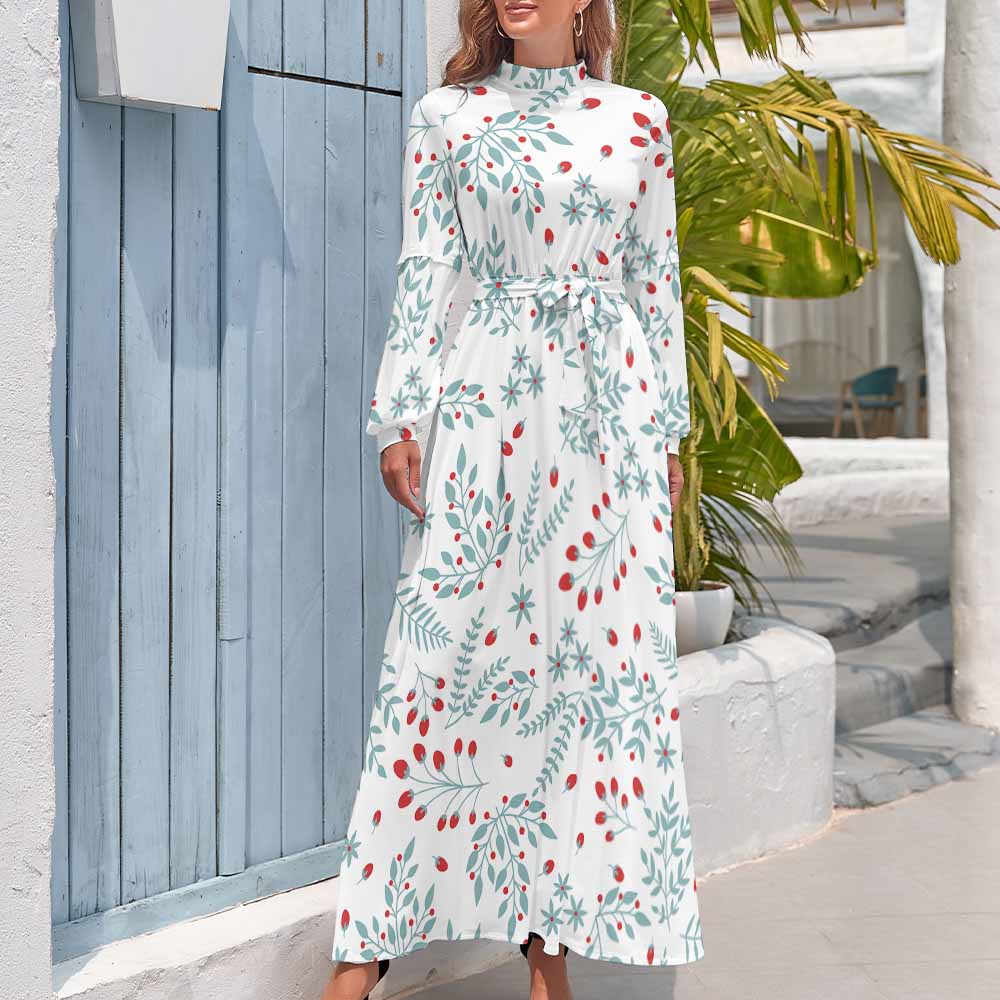 White floral long sleeve party dress, high neck design, perfect for casual or special occasions