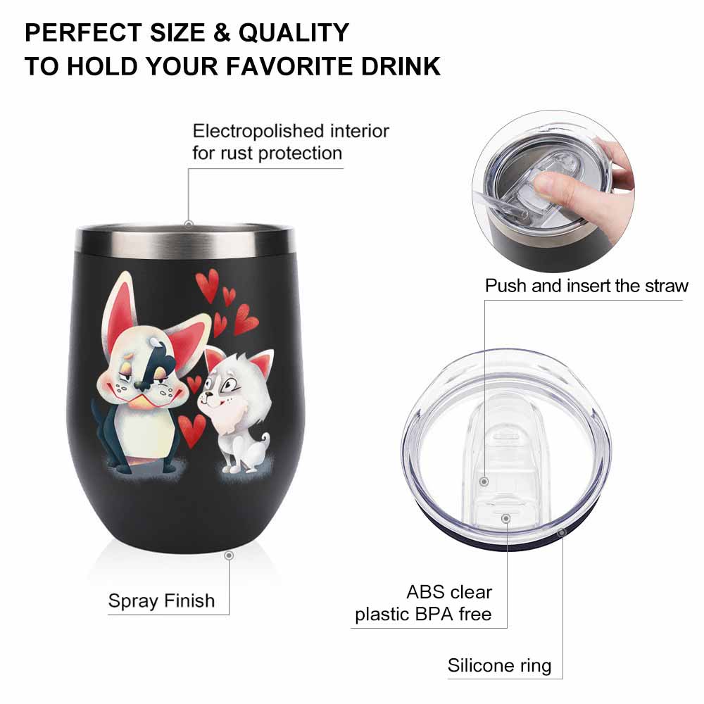 Black stainless steel insulated cup with cartoon cat and dog design, featuring hearts, spill-proof lid, 12oz capacity.