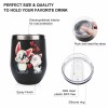 Black stainless steel insulated cup with cartoon cat and dog design, featuring hearts, spill-proof lid, 12oz capacity.