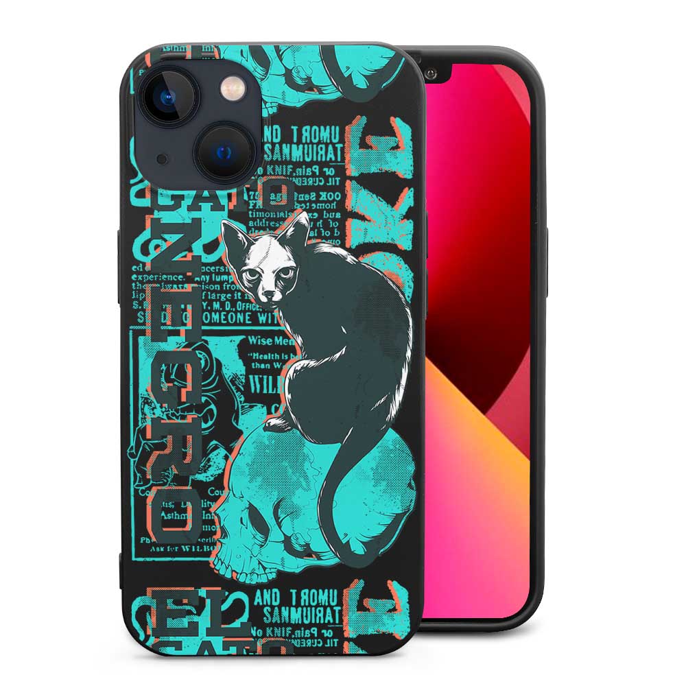 iPhone 13 case with turquoise cat design, TPU material, wireless charging compatible.