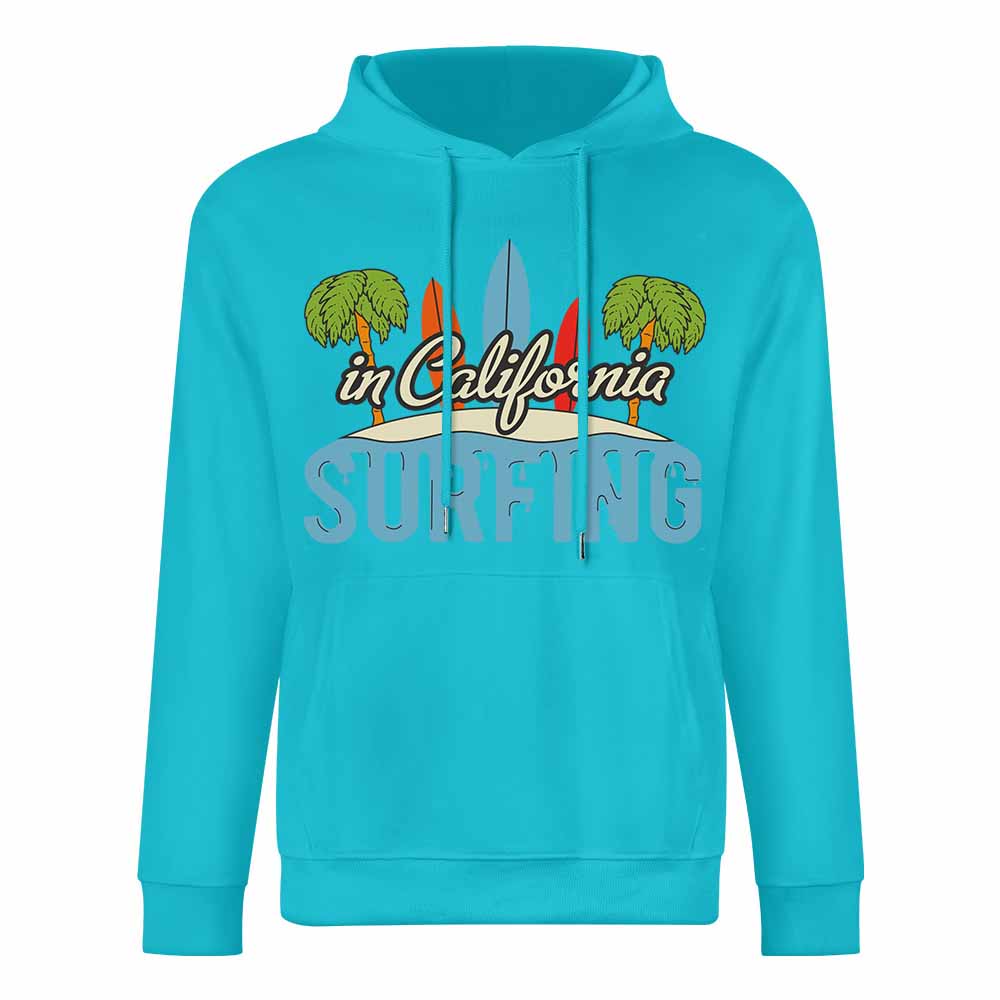 Turquoise blue cotton CALIFORNIA SURFING hoodie, loose fit, for daily wear.