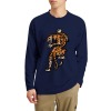 Navy blue men's long sleeve cotton crew neck T-shirt with tiger print, perfect for casual wear.