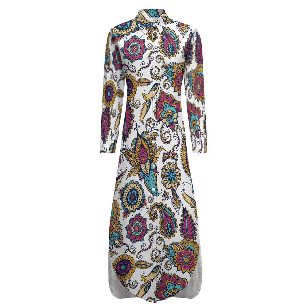 Button Neck Long Sleeve Paisley Shirt Dress in Polyester