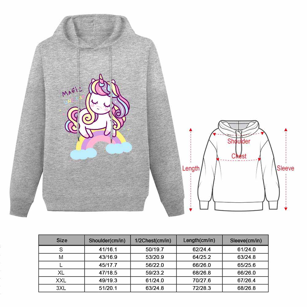 Grey Women's Unicorn Hoodie Sweatshirt, cotton blend, with size chart and design details for women.
