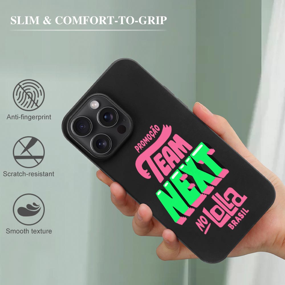 iPhone 15 case featuring 'TEAM NEXT @ Lolla' design, black TPU, shockproof