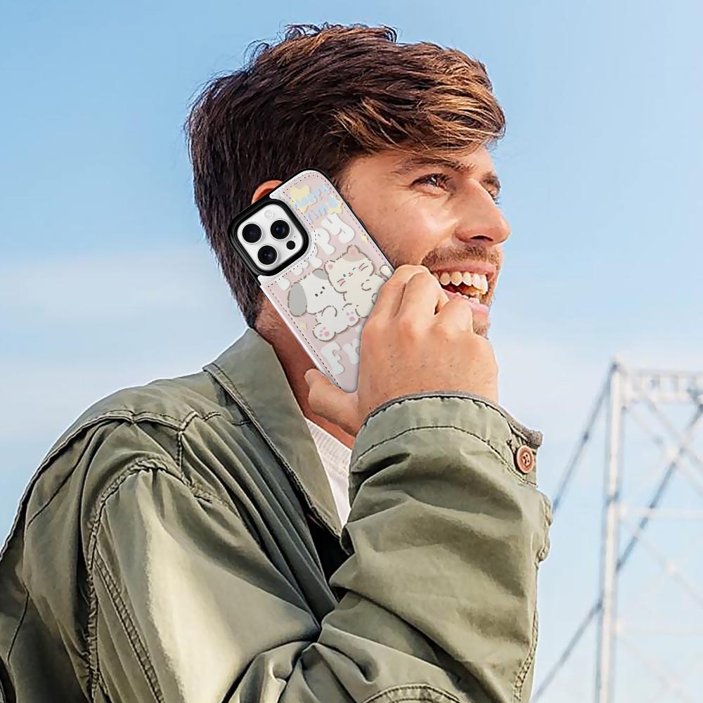 Man on call with iPhone 16 case, featuring a cute bear design, card slot, and TPU leather cover