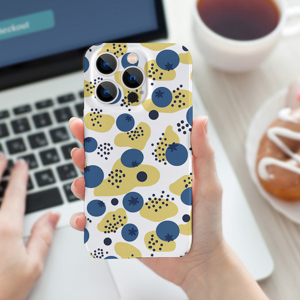 iPhone 14 case with abstract blue and yellow pattern, PC plastic, scratch-resistant.