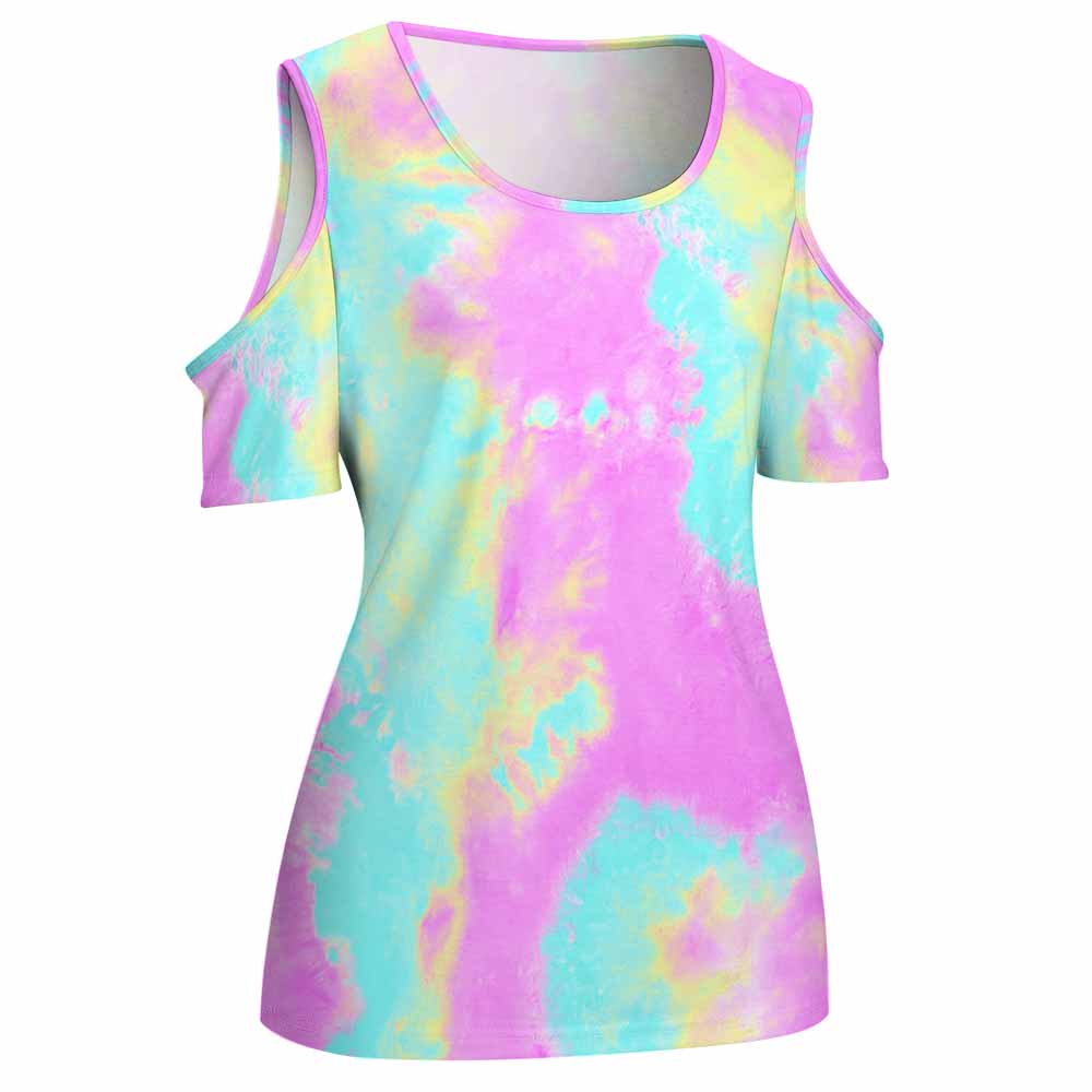 ACT off-shoulder U-neck tie-dye top in pastel colors. Comfortable polyester-spandex blend, slim fit, short sleeves.