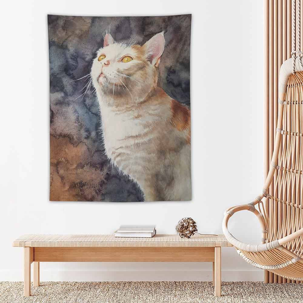 Vertical print polyester wall tapestry of a curious cat, perfect for wall decor