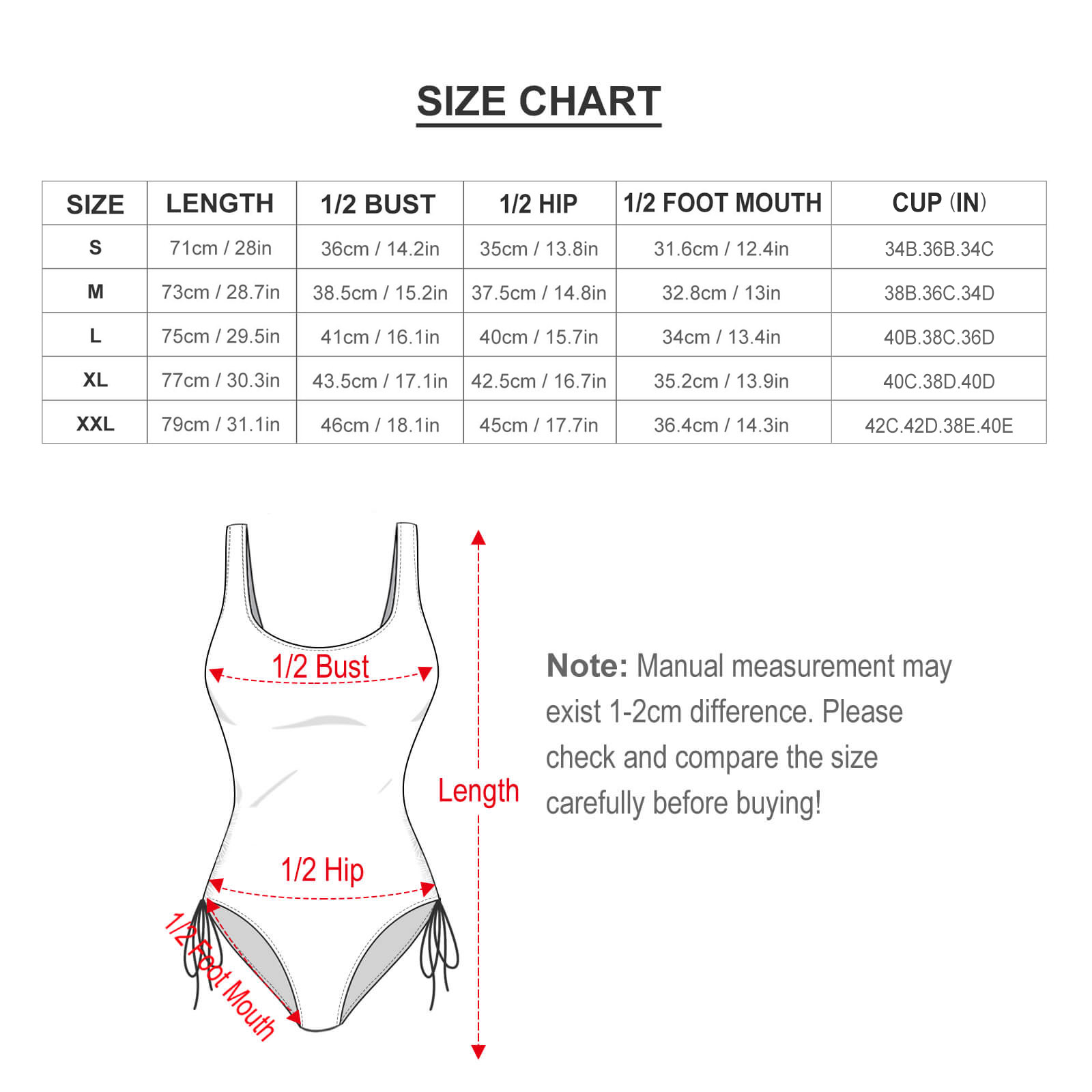 Size chart for ladies polka dot one-piece swimsuit. Includes measurements in cm/in.