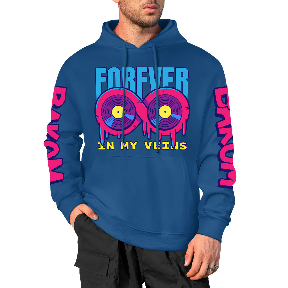 Royal blue cotton hooded sweater with FOREVER 99 donut graphic and sleeve prints