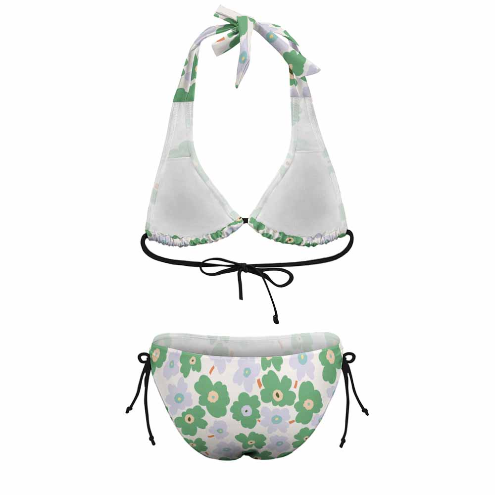 Plus size floral bikini swimsuit with halter top and adjustable ties, perfect for beach vacation.