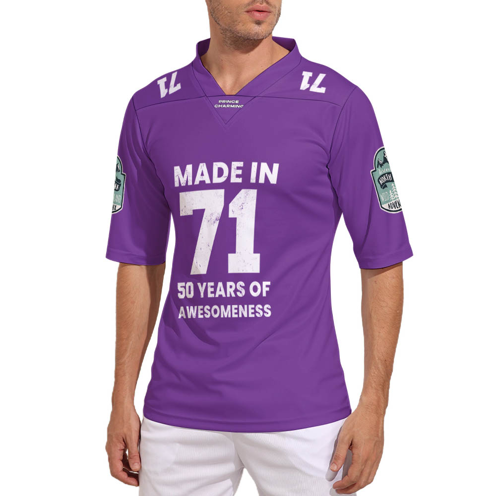 Purple V-neck jersey with "MADE IN 71" print, perfect for sports or outdoor activities, by Inkedjoy.