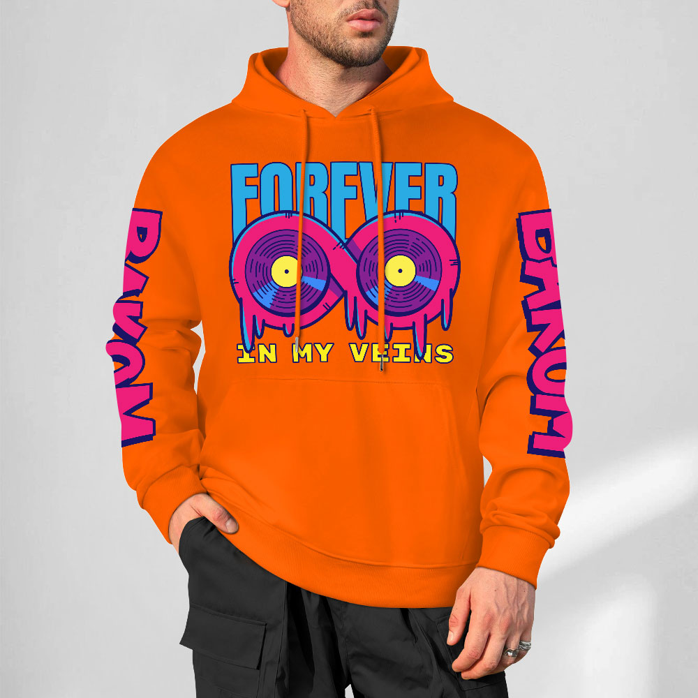 Orange cotton hoodie with 'FOREVER 99' donut graphic, DAKUM and CRASH sleeve prints, youth fashion.