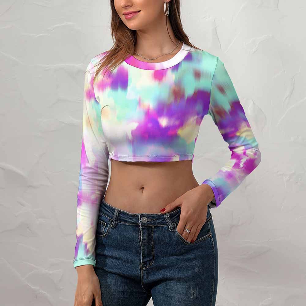 Women's tie-dye crop top in purple, teal, and white with long sleeves, perfect for casual summer wear.