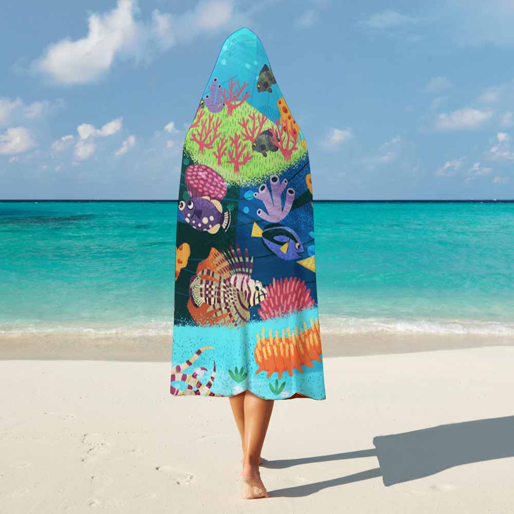 Arctic Velvet Hooded Blanket: Underwater scene with coral and fish for cozy lounging.