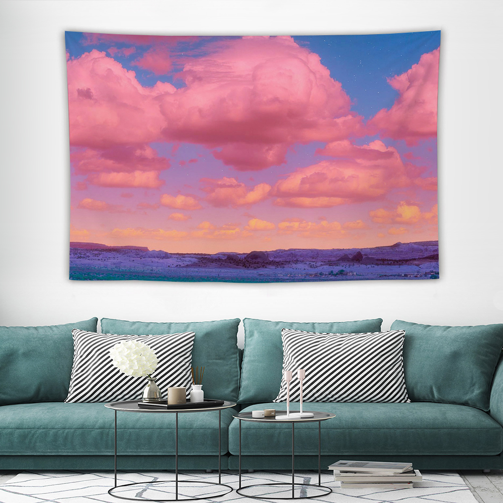 Pink cloud tapestry wall hanging decor, polyester fabric, soft and durable.