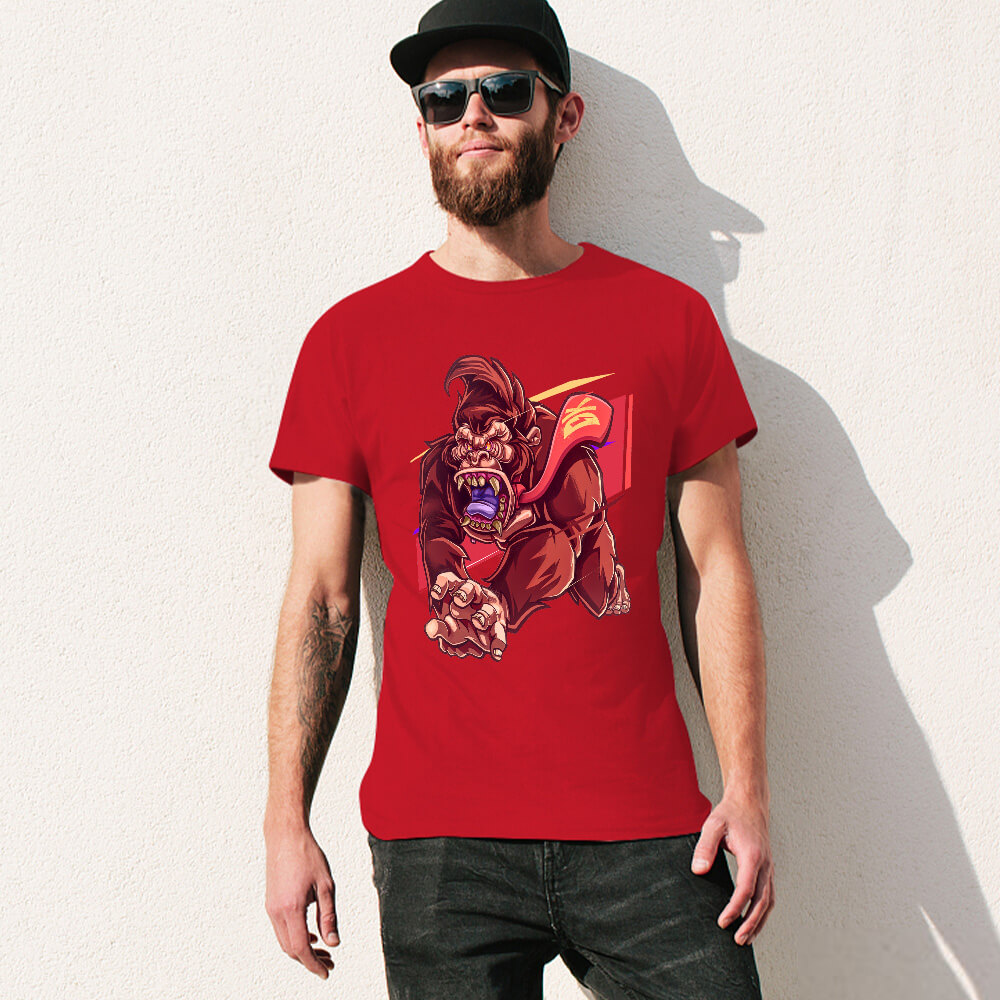 Red cotton men's T-shirt with a red monster graphic print | Inkedjoy