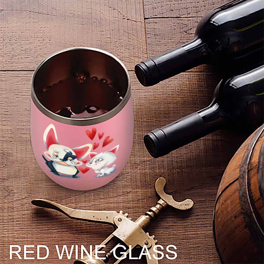Pink stainless steel insulated cup with cat and penguin design, red wine, Inkedjoy