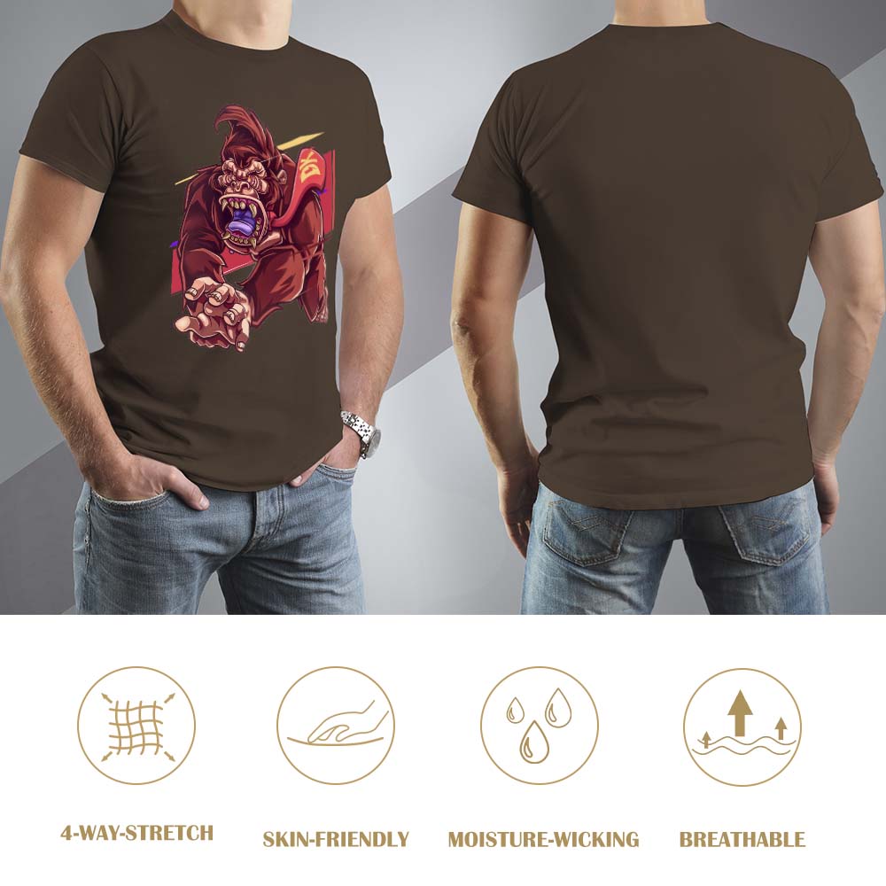 Brown cotton t-shirt with red monster graphic print - front and back view