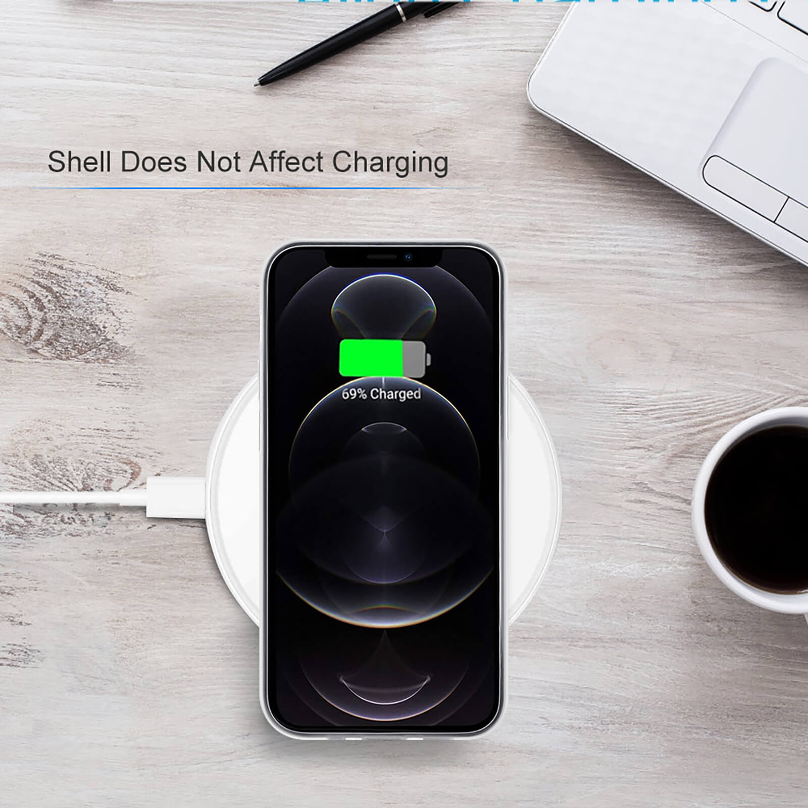 iPhone 12 series phone on wireless charger, black case, supporting wireless charging, Inkedjoy.