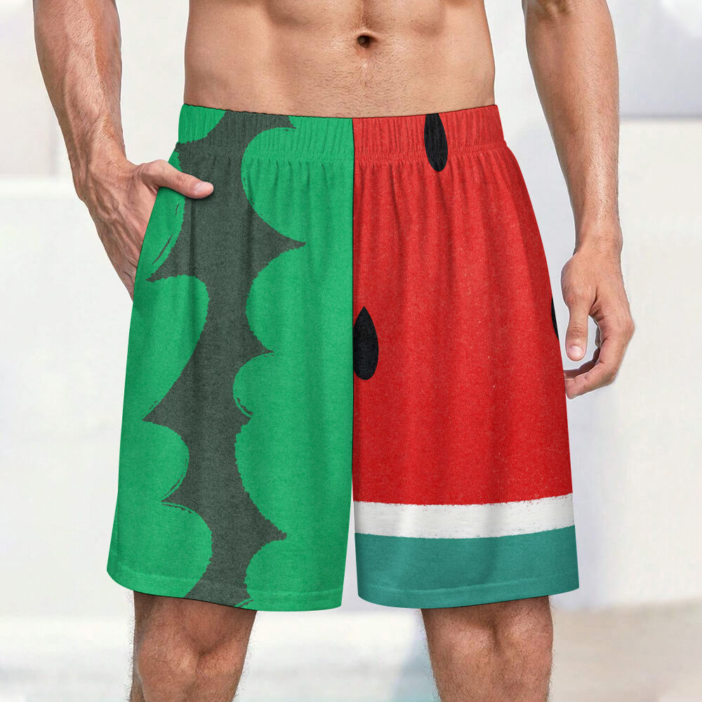 Ice silk watermelon print pajama shorts for men. Comfortable, breathable, perfect for home wear.