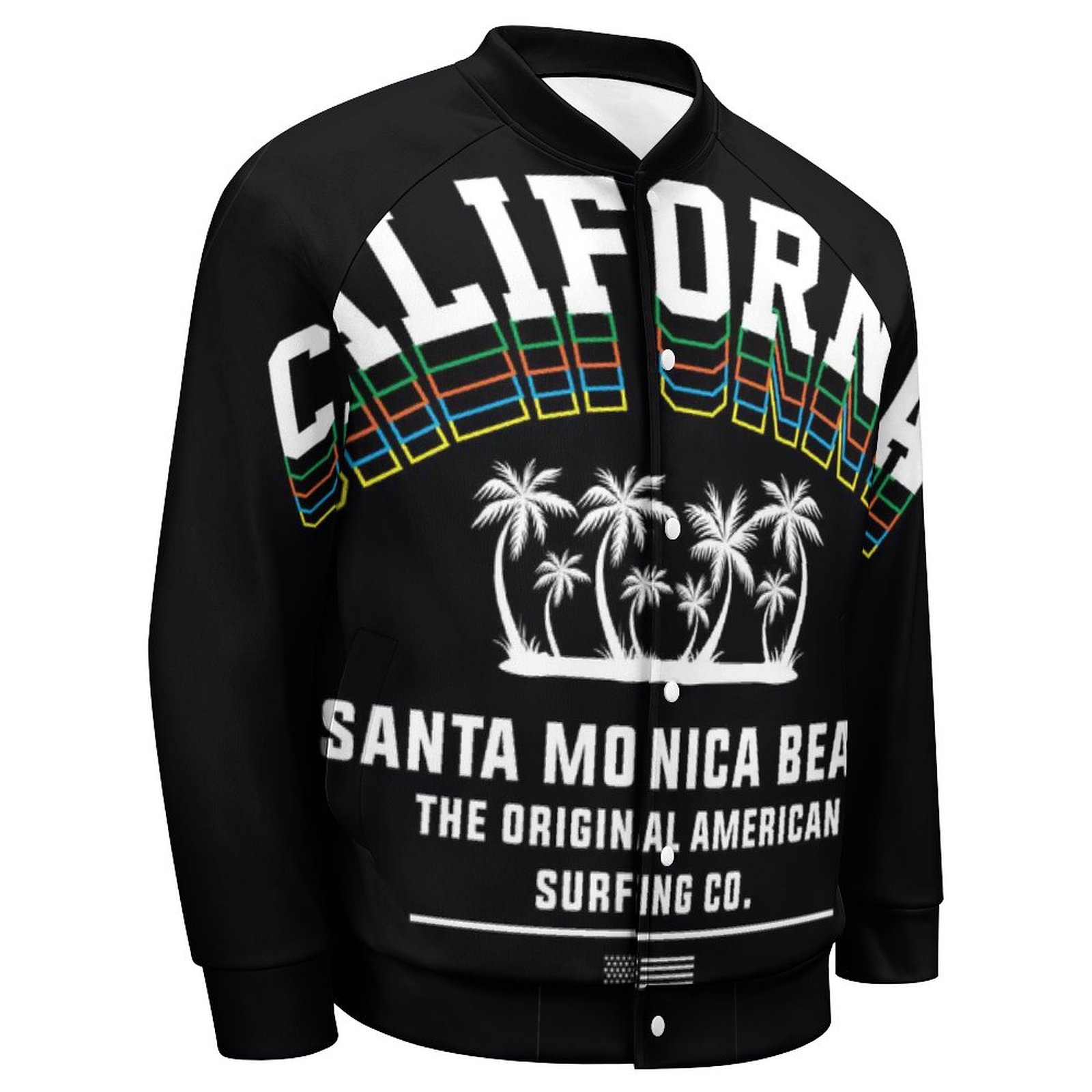 Men's black baseball uniform with 'CALIFORNIA BEACH' graphic, Japanese sweater cloth, comfortable fit.