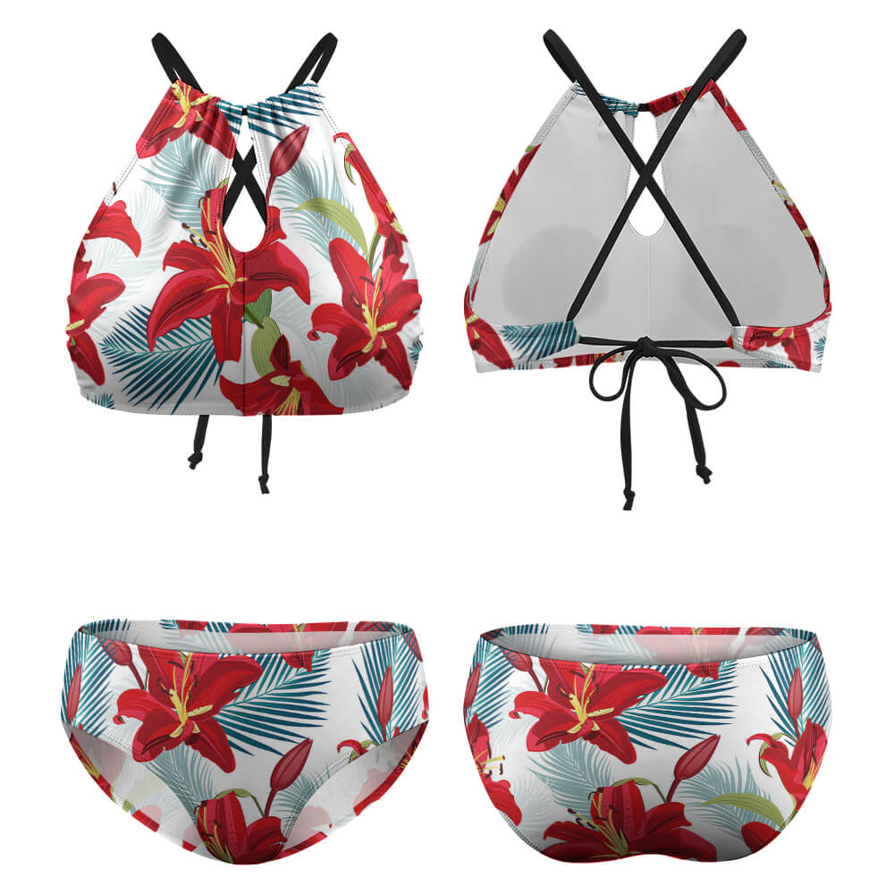Red floral halter bikini swimsuit with keyhole detail, polyester spandex, perfect for summer beach wear