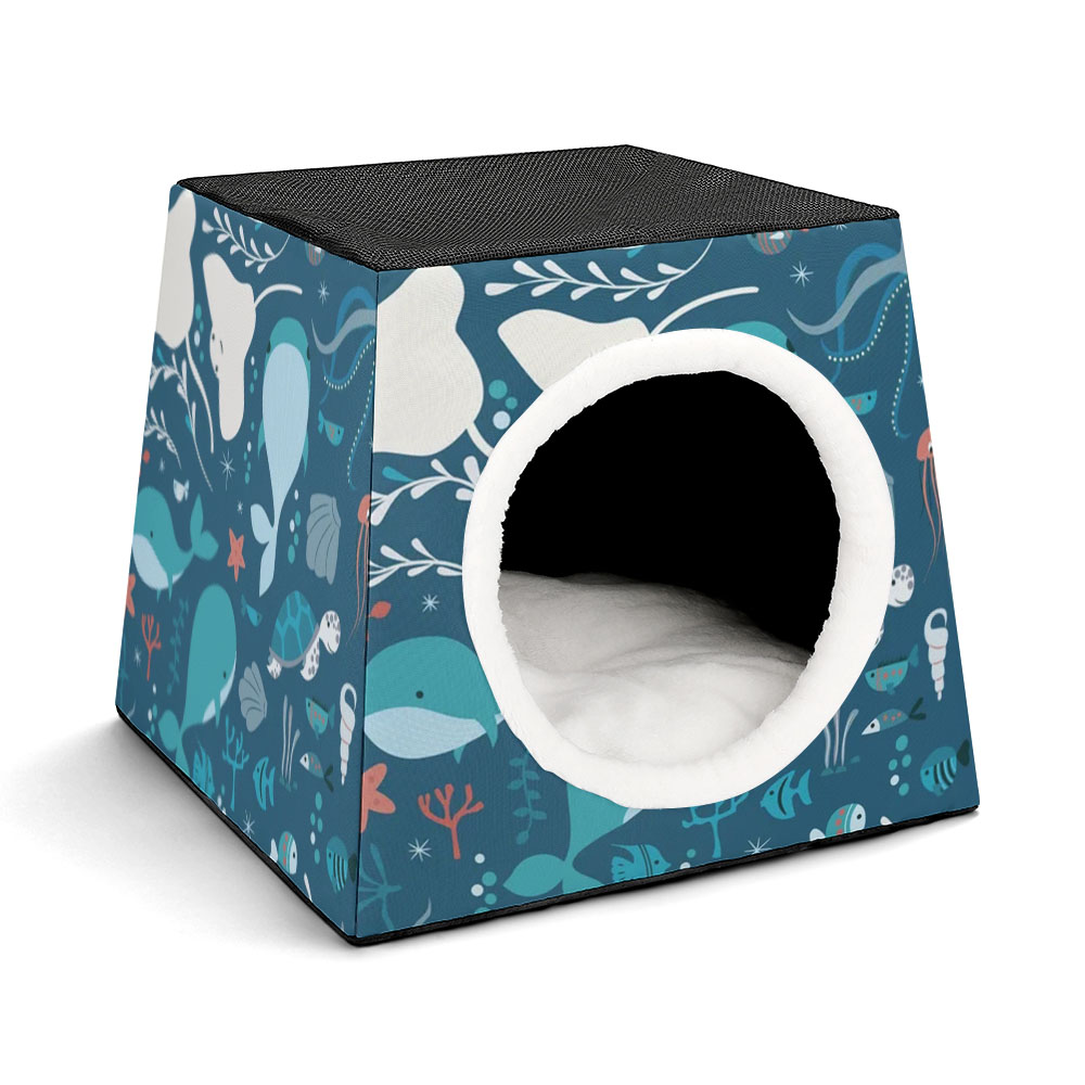 Waterloo Capsule Pet House, blue Oxford cloth with cute pattern, cozy cat bed