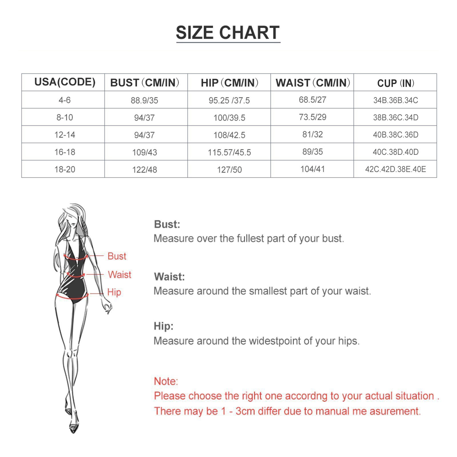 Bikini swimsuit size chart: bust, waist, hip measurements in cm/inches. Accurate guide for online shopping.