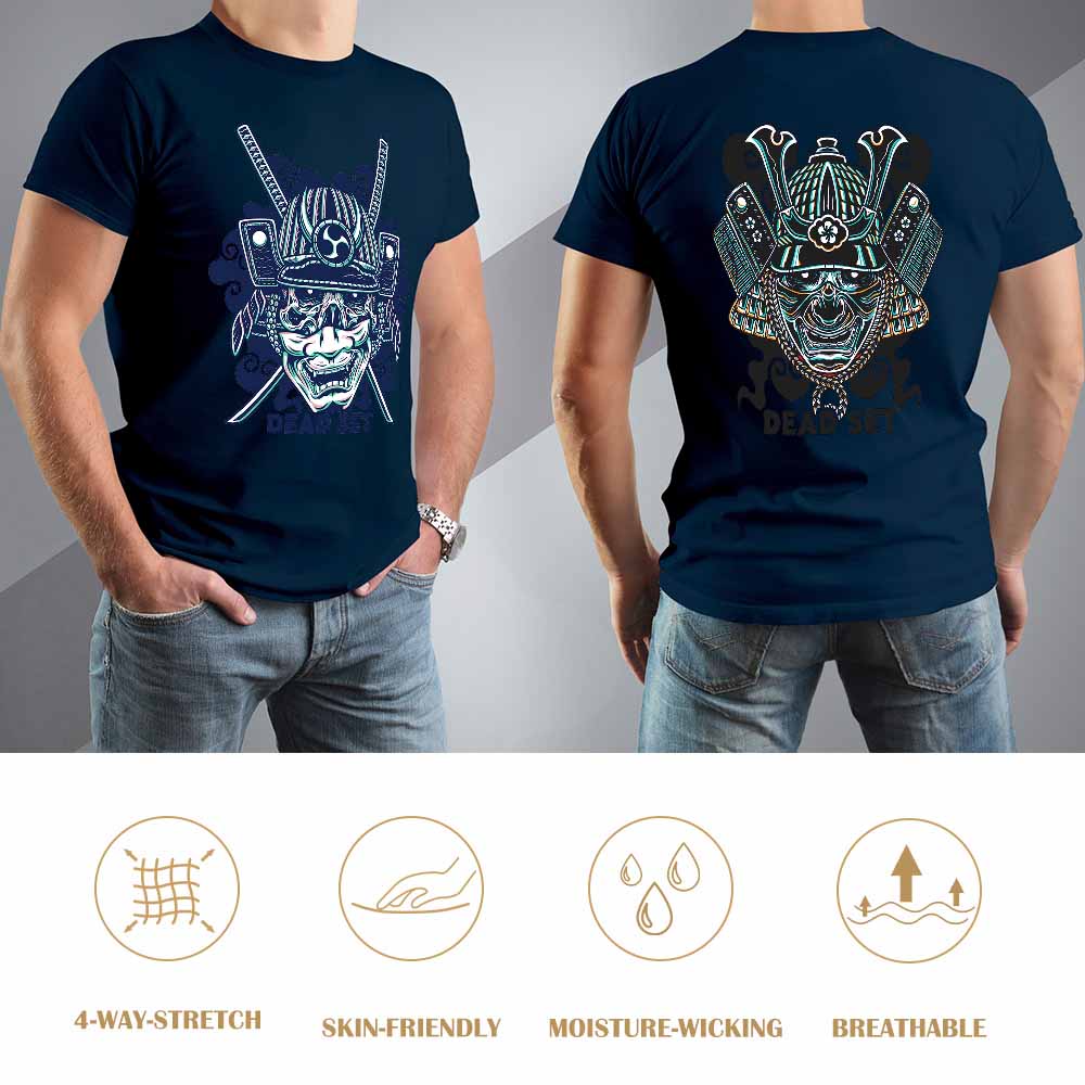 Navy blue cotton men's T-shirt with samurai skull design, front and back view, ideal for leisure and events.