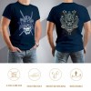 Navy blue cotton men's T-shirt with samurai skull design, front and back view, ideal for leisure and events.