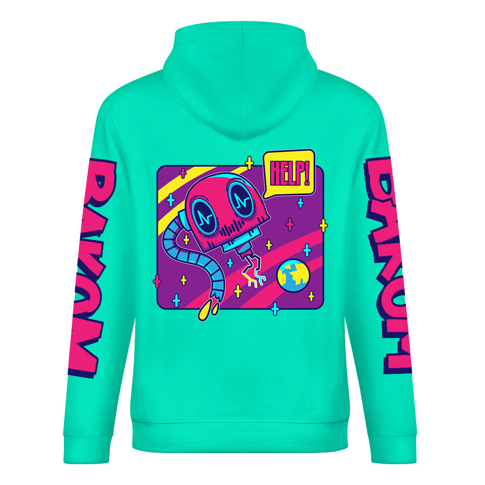 Turquoise cotton hoodie with donut graphic and DAKUM sleeve prints, youth fashion style