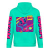 Turquoise cotton hoodie with donut graphic and DAKUM sleeve prints, youth fashion style