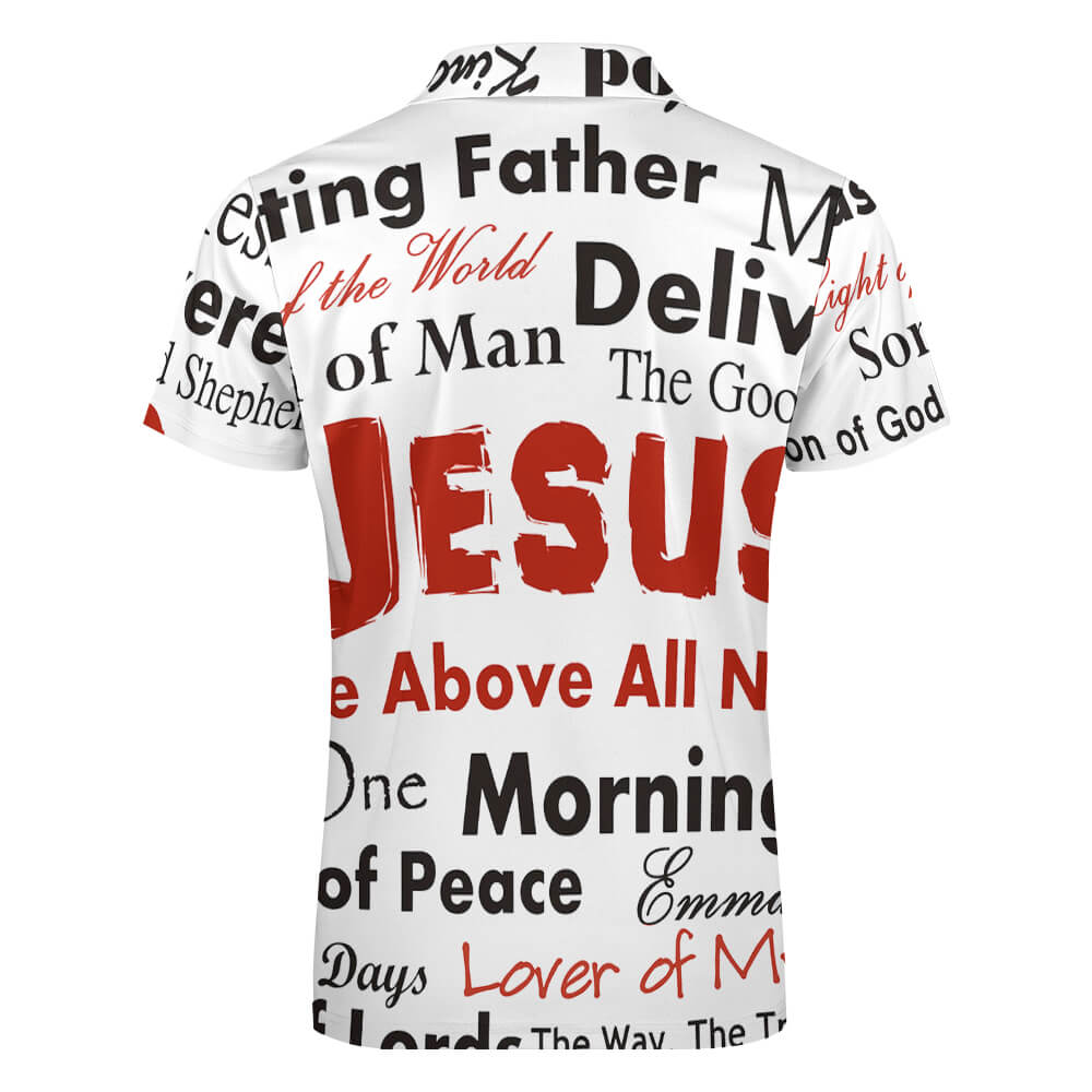 Short sleeve polo shirt with JESUS and inspirational phrases print, white and red color.