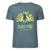 Teal cotton short-sleeved T-shirt with Catch the Wave surfing graphic, summer fashion.