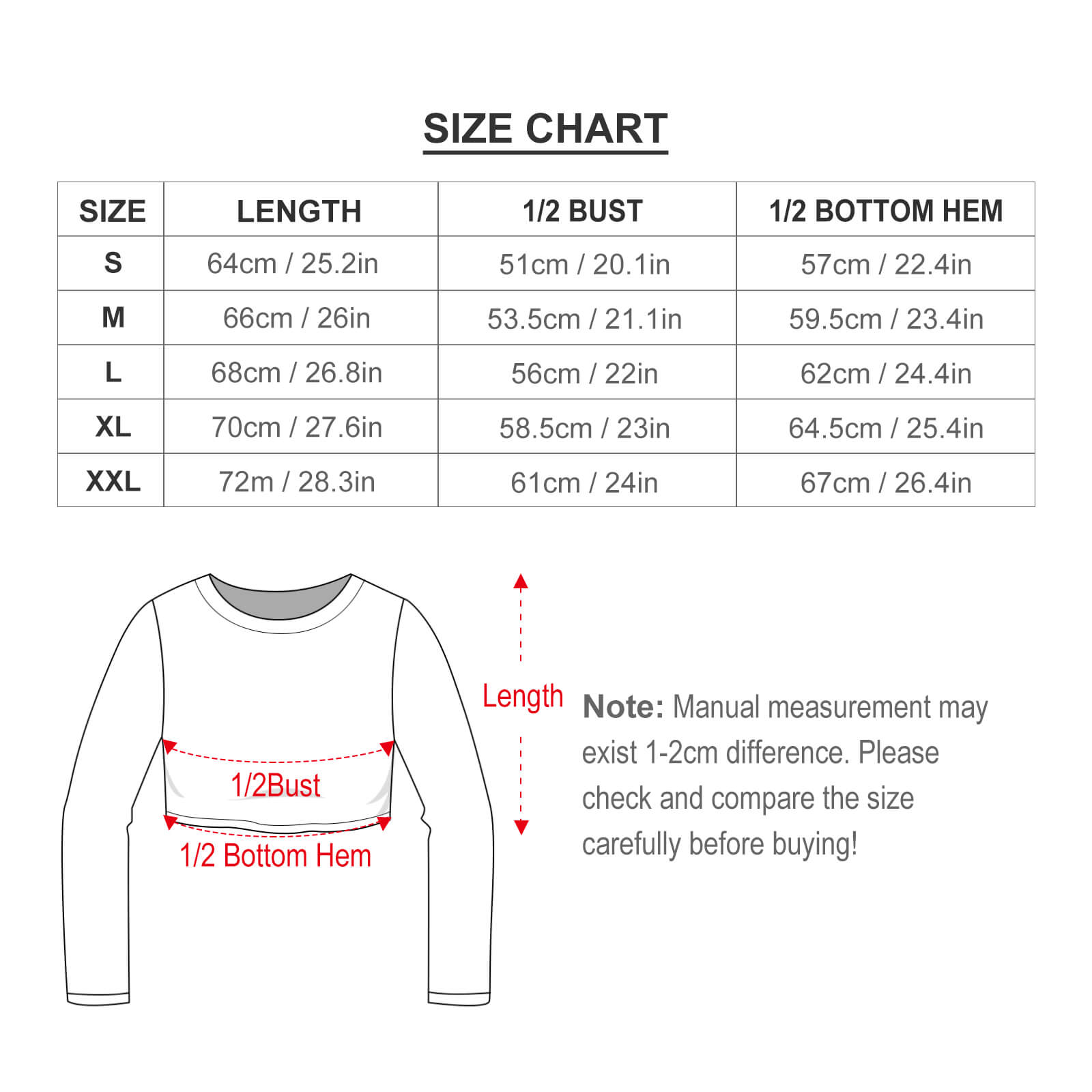 Women's Long Sleeve Shirt Size Chart, includes length, bust, bottom hem measurements in cm and inches.
