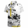 Retro print short-sleeved shirt in white with yellow accents, 100% polyester.