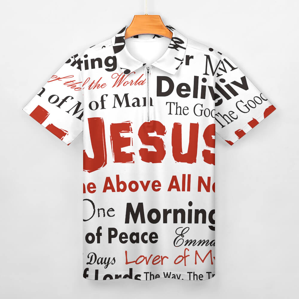 White short sleeve polo shirt with 'JESUS' and inspirational text print, for casual wear.