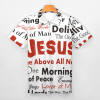 White short sleeve polo shirt with 'JESUS' and inspirational text print, for casual wear.