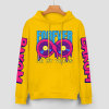 Yellow cotton hoodie with FOREVER 99 graphic and DAKUM sleeve prints, youth fashion style.