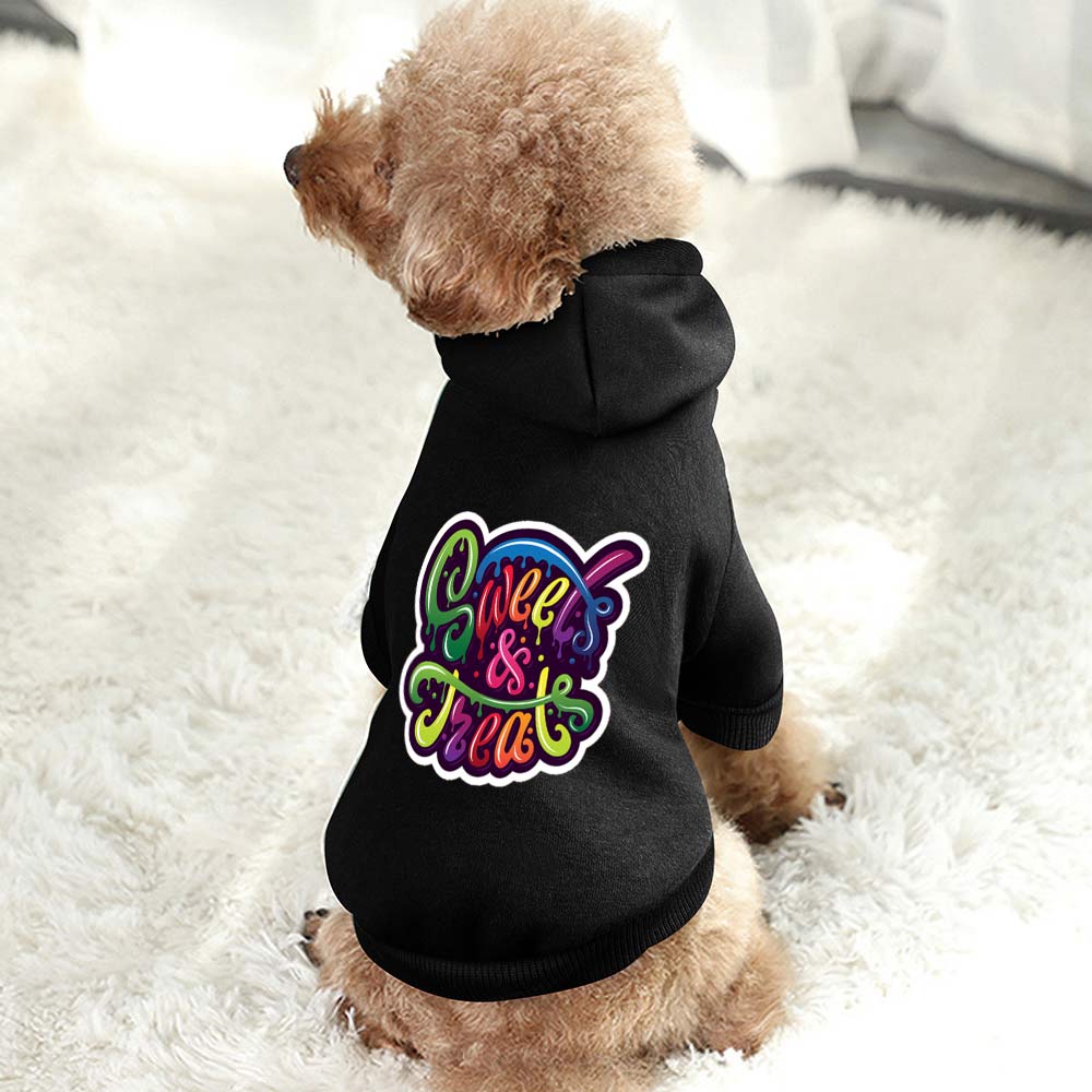 Black Pet Suit with colorful graphic, hip-hop style, polyester cotton fabric, perfect for stylish pets