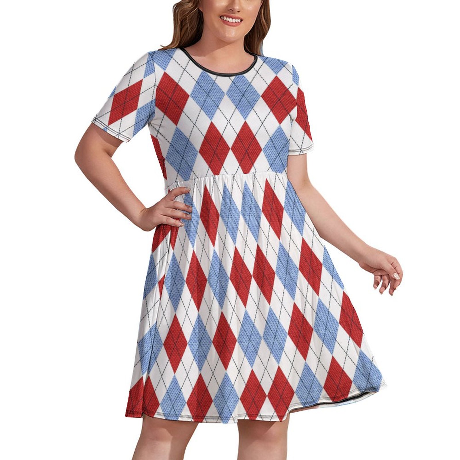 Plus size geometric figure dress with short sleeves in red and blue diamonds.