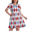 Plus size geometric figure dress with short sleeves in red and blue diamonds.