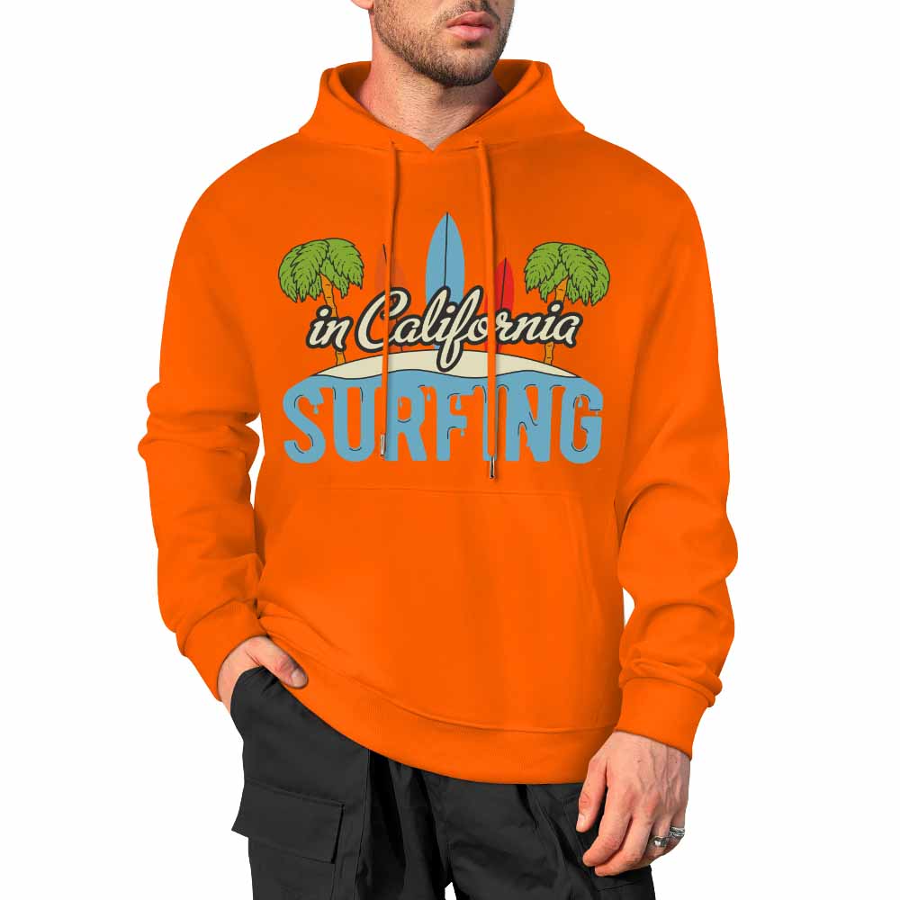 Orange cotton hoodie with "CALIFORNIA SURFING" graphic, loose fit design, multiple colors available
