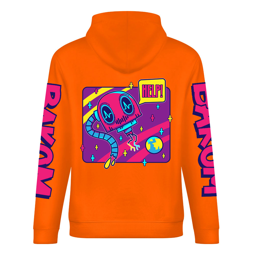 Orange cotton hoodie with 'FOREVER 99' donut graphic, DAKUM and CRASH sleeve prints, youth fashion.