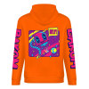 Orange cotton hoodie with 'FOREVER 99' donut graphic, DAKUM and CRASH sleeve prints, youth fashion.